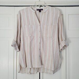 Gloria Vanderbilt Sabina Striped Split-Neck Shirt Linen Blend Large